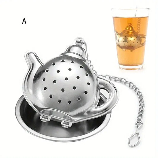 Teesieb in Teekannen-Form mit Kette & Ablage | Edelstahl Tee-Ei - Tee-shop420